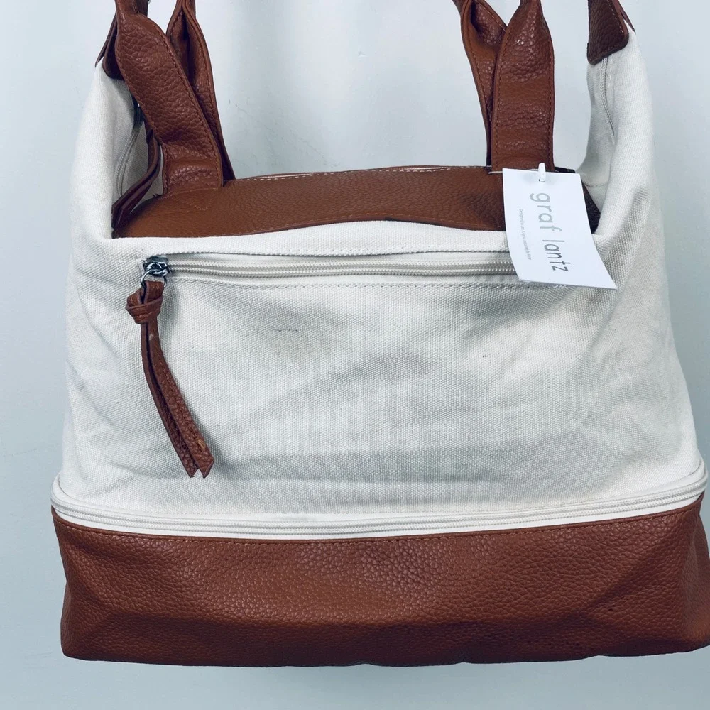 Graf‎ Lantz Canvas Leather Tote Bag Brown White Convertible Shoulder Bag NWT